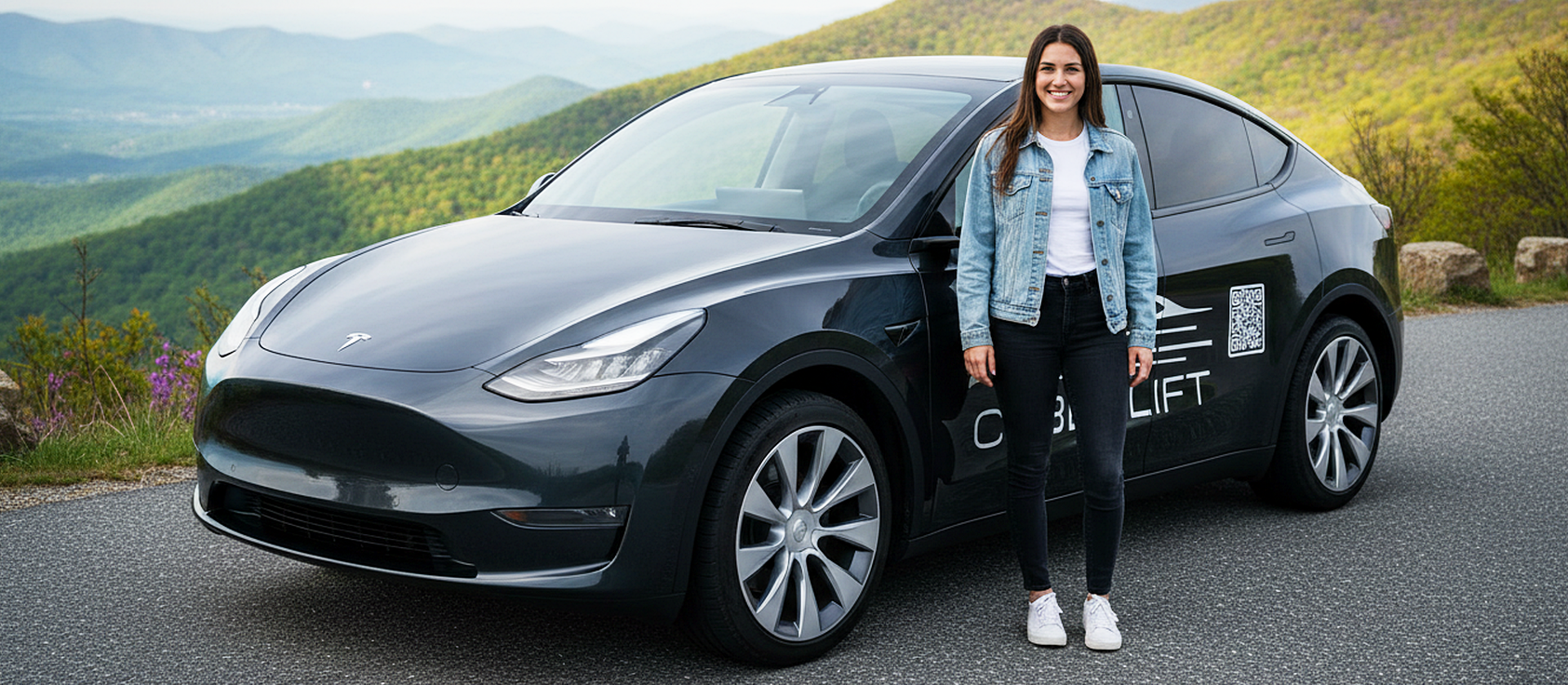 CyberLift rider beside a Tesla Model Y on a mountain overlook